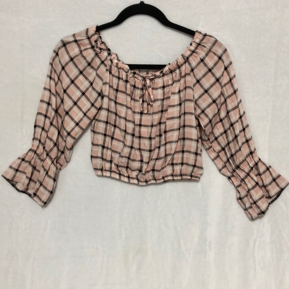 Plaid Crop Top Off‎ Shoulder 3/4 Sleeve Tie Front Blouse - Picture 1 of 4